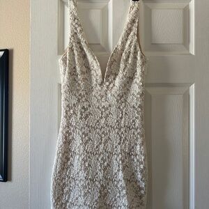 White Lace Mini Dress with Plunging neckline Size Small